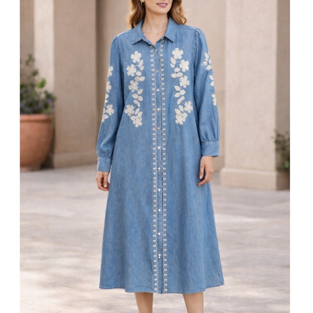 Garanti Denim Floral Embroidered Midi Dress